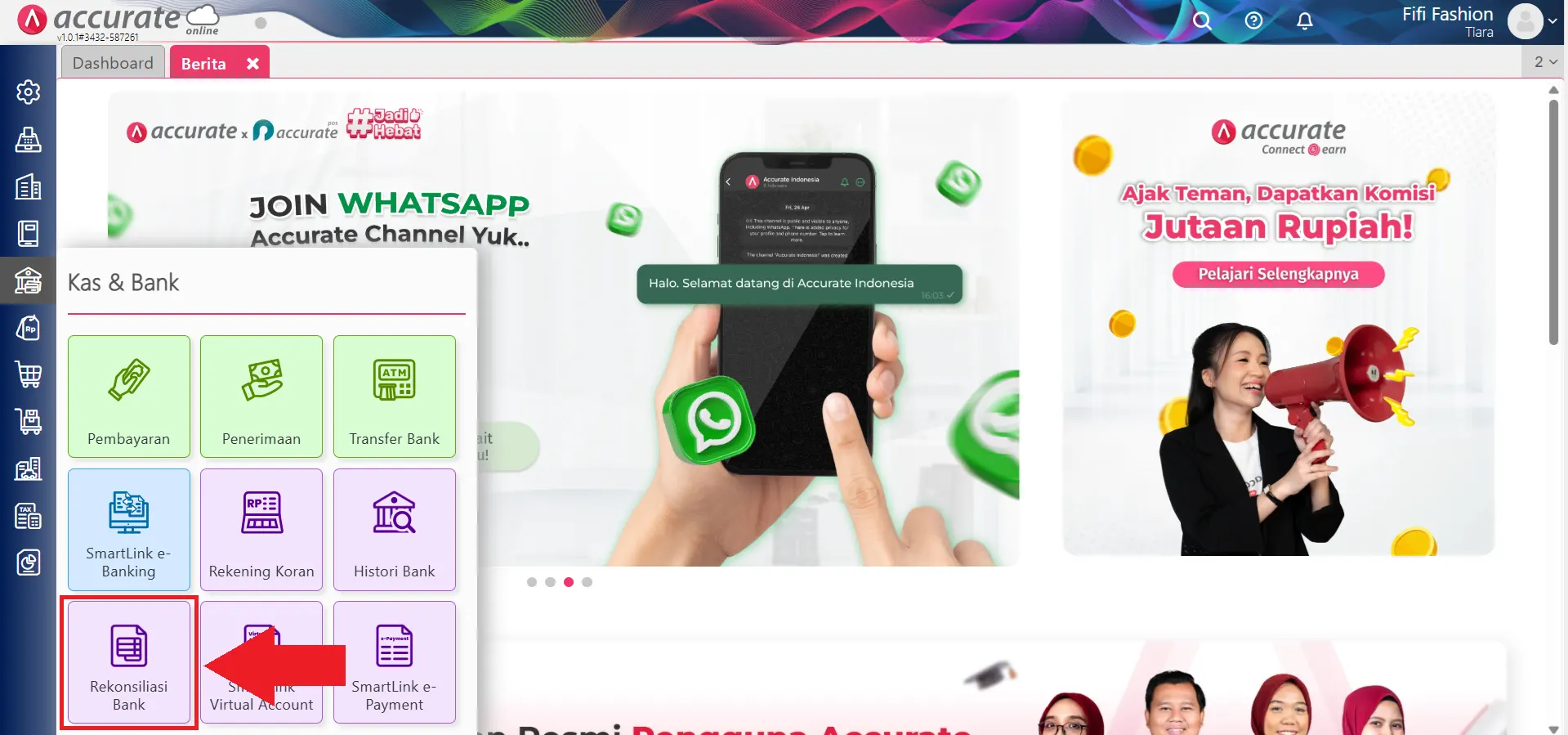 Rekonsiliasi lebih dari 1 mutasi bank yang dicatat dalam 1 transaksi